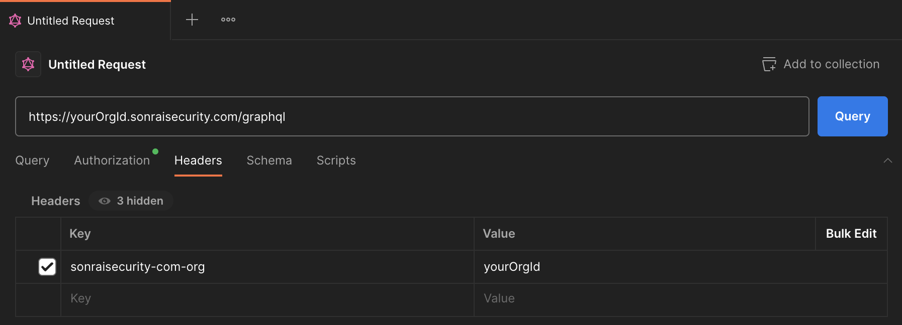 The required request header for retrieving data from the Sonrai GraphQL API.