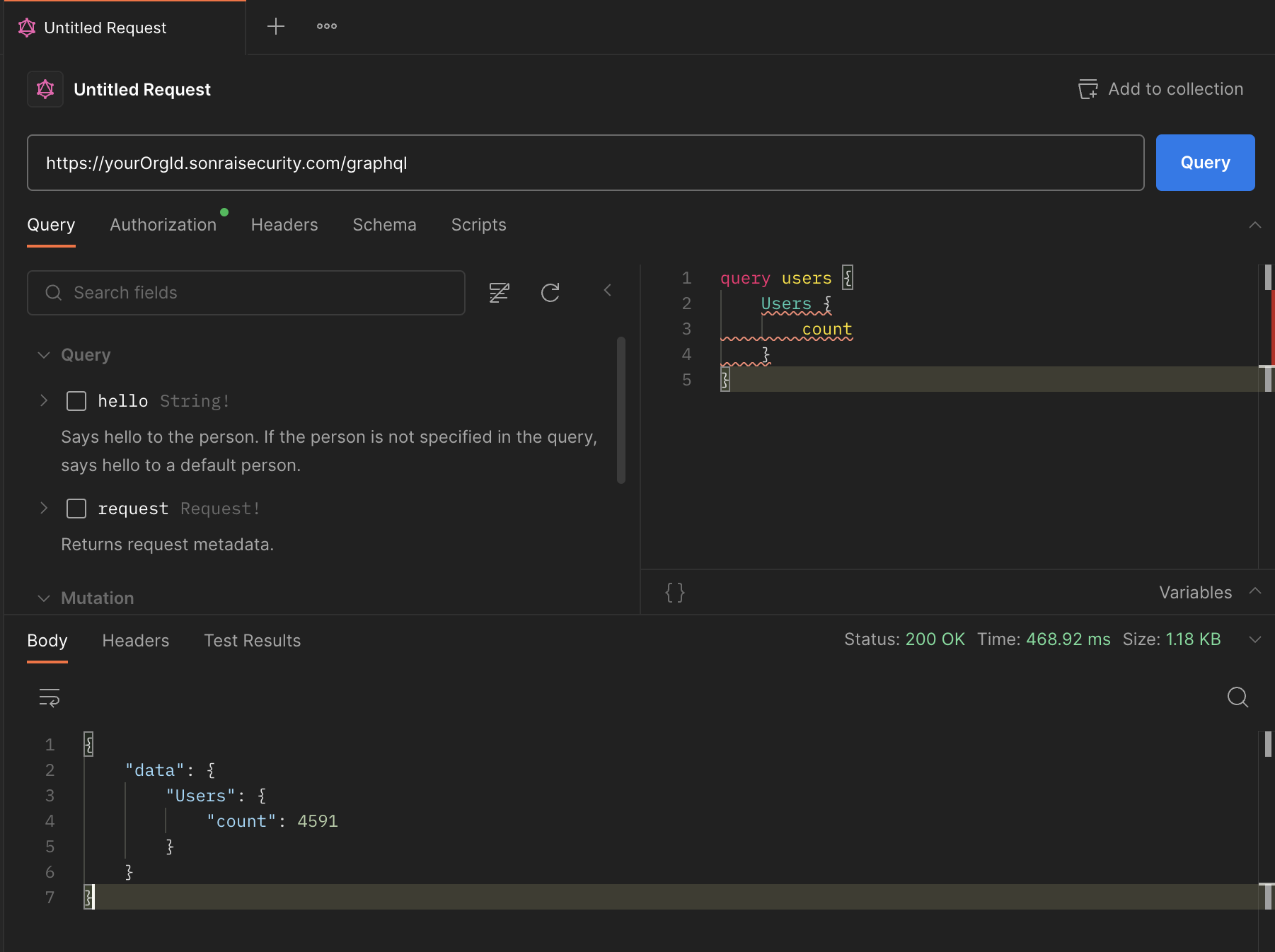 A simple query for the count of users within the Organization, from the Sonrai GraphQL API.