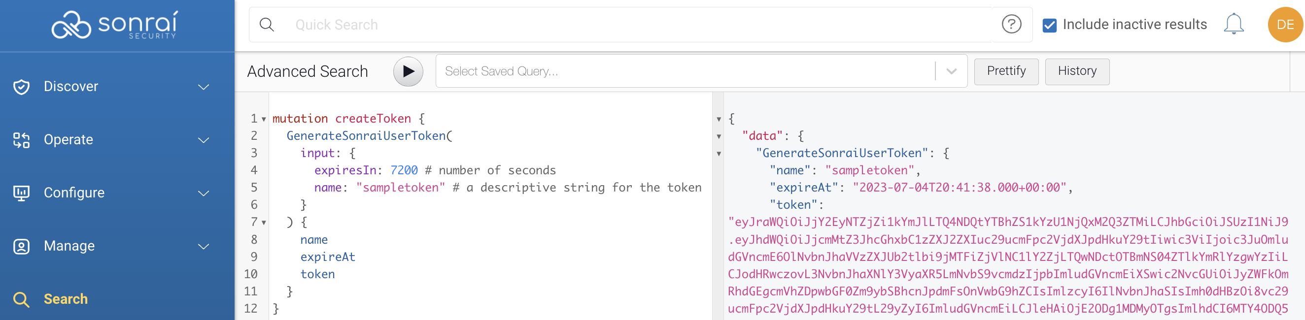 A successful token creation within the Sornai platform for use with Postman.