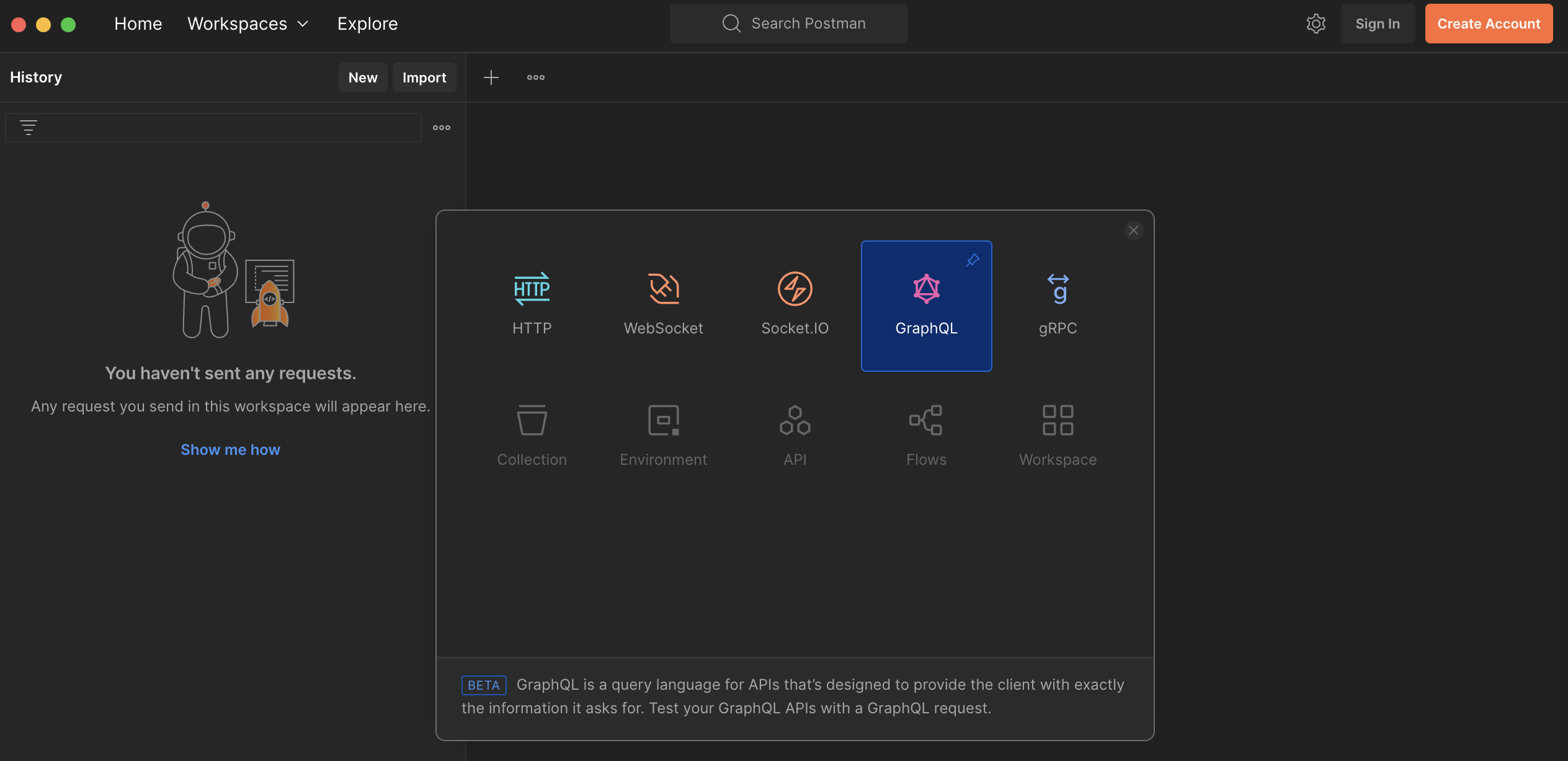 How to generate a new GraphQL request within Postman.