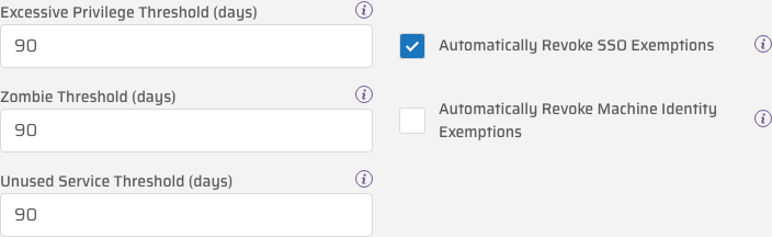 Cloud Permissions Firewall Baselines settings showing the Automatically Revoke SSO Exemptions and Automatically Revoke Machine Identity Exemptions options alongside the configurable Excessive Privilege Threshold in days