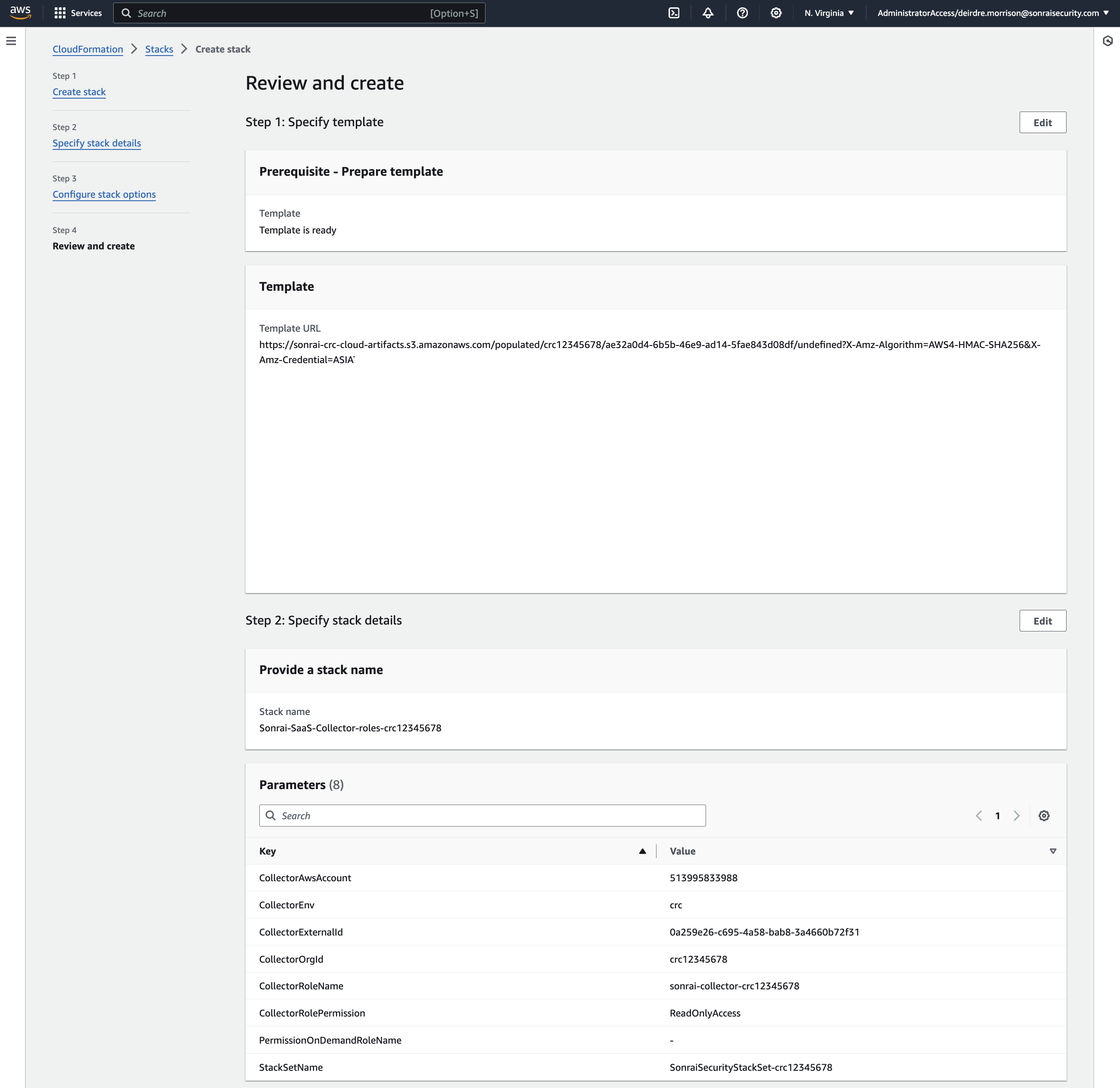 The CloudFormation template step 4, 'Review', where no changes are required.