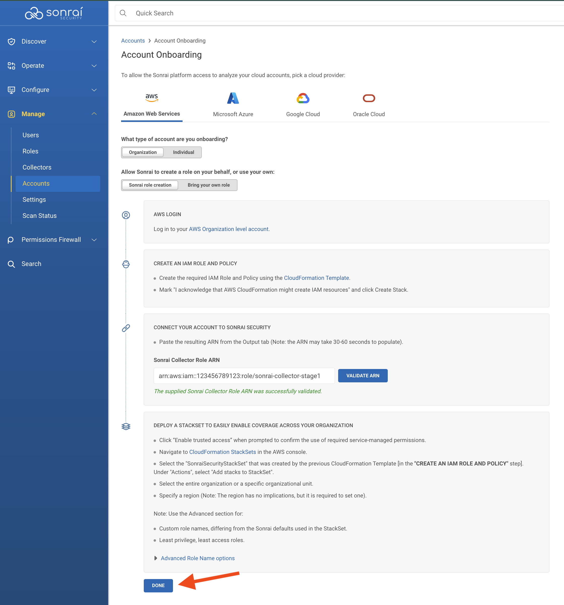 In the Sonrai onboarding wizard, the 'Done' button is indicated as the final step.