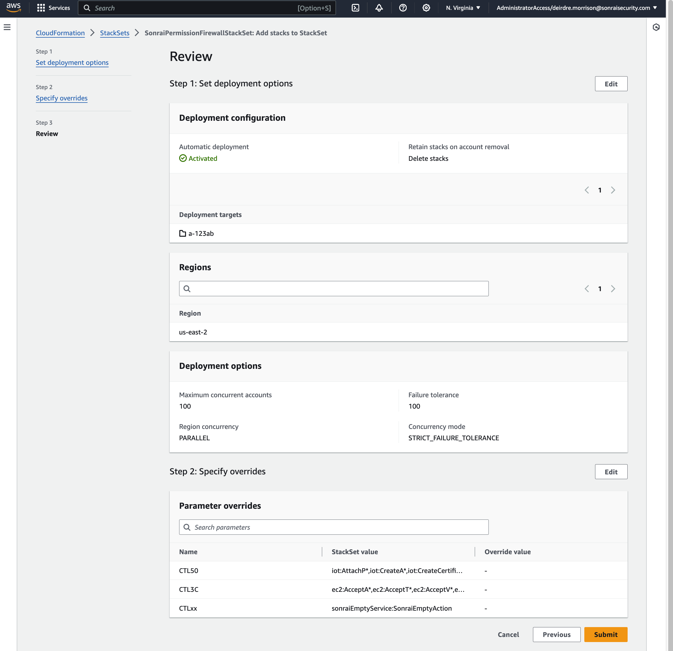 In AWS Console step 3, 'Review', the summary of deployment settings are shown prior to a user clicking the submission button to initialize the stack addition to the StackSet.