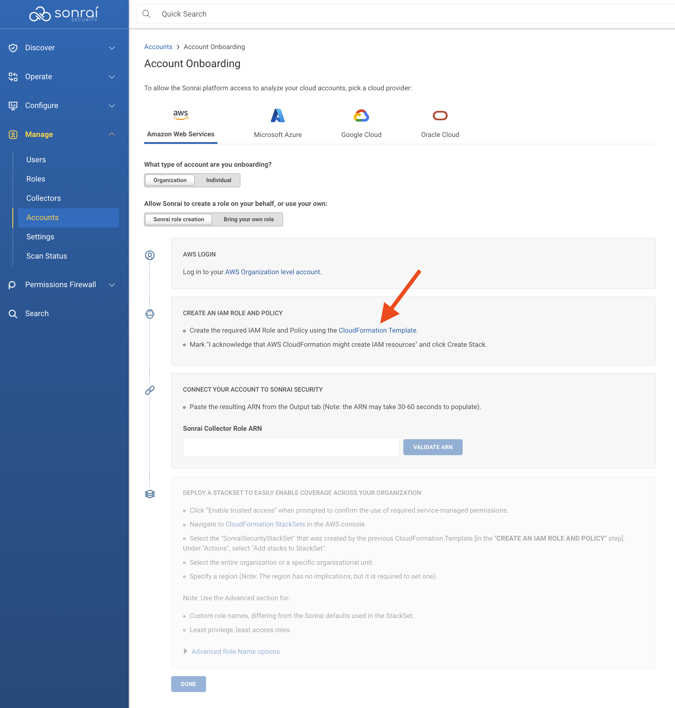 The CloudFormation Template link within Sonrai's quick start onboarding wizard, within the second step entitled 'Create an IAM role and policy'