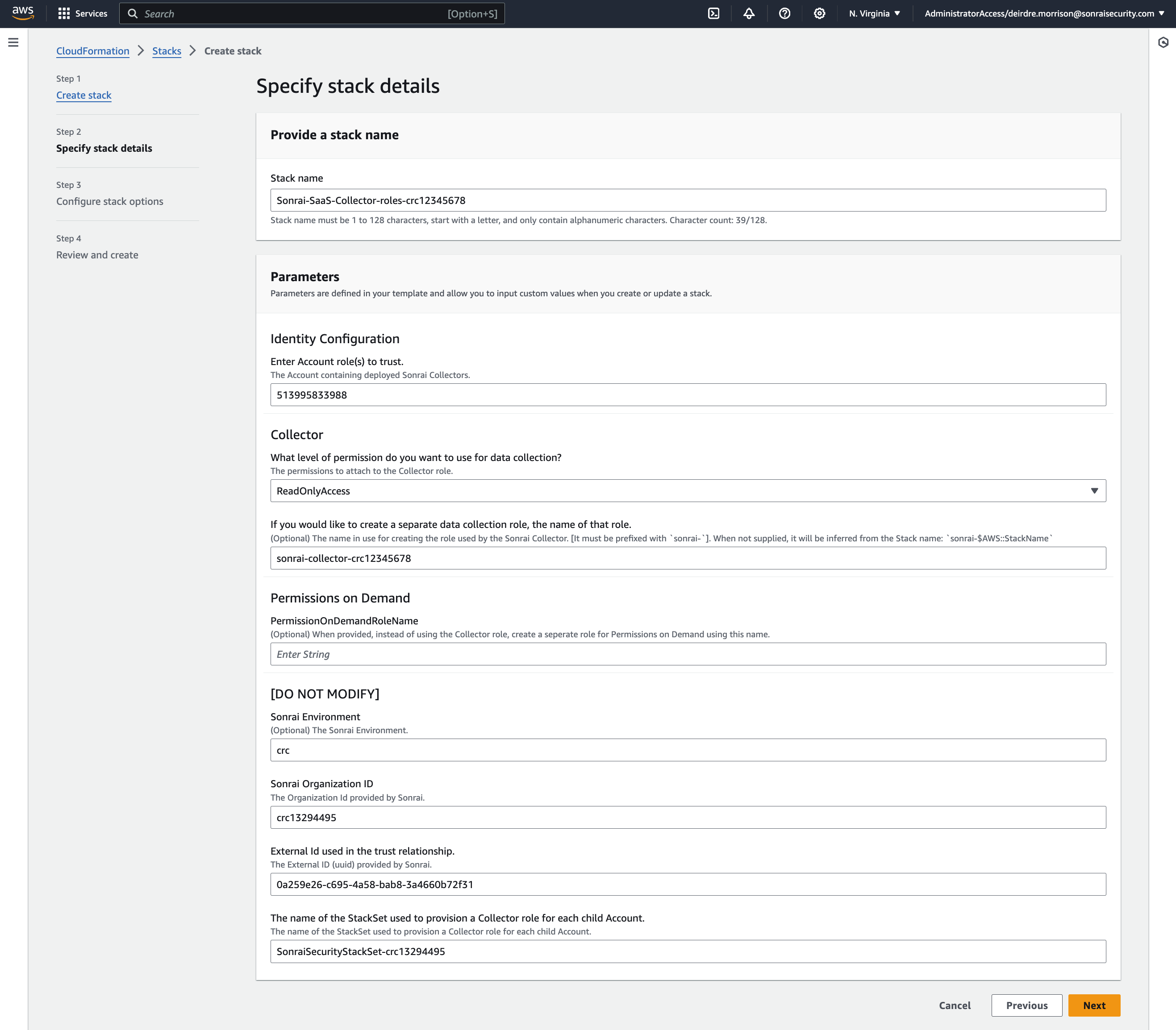 The CloudFormation template step 2, 'Specify stack details', with the default settings enabled (image 1, no changes are required to the default values before clicking the next button).