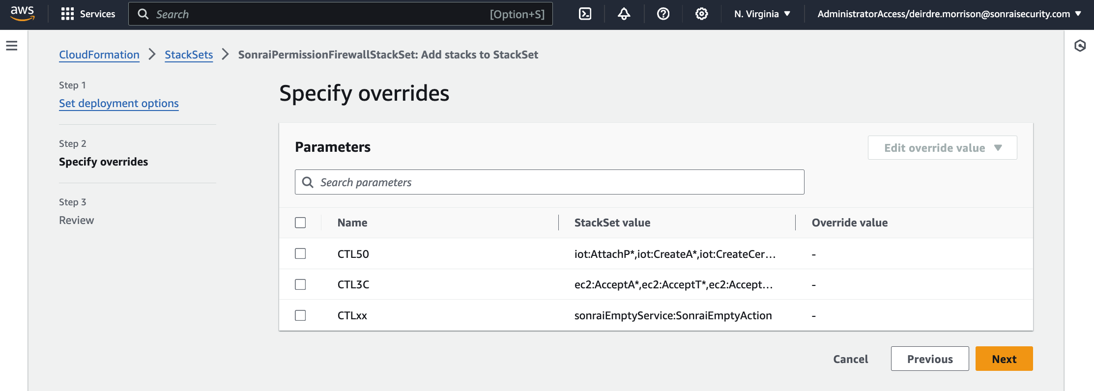 In AWS Console step 2, 'Specify overrides', no fields contain any override.