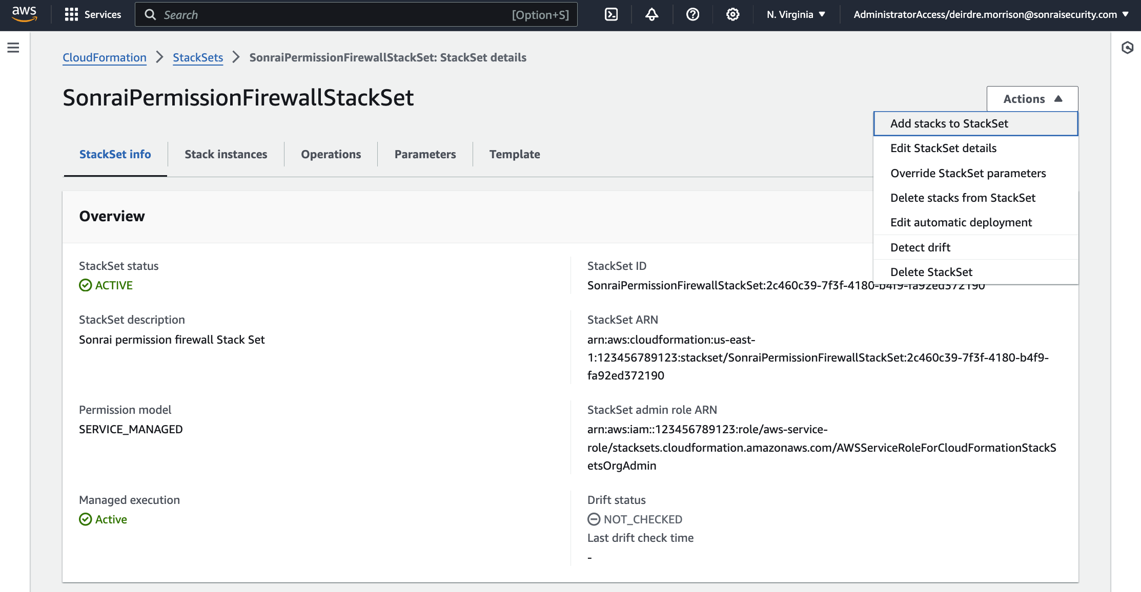 In AWS Console, the 'Action' menu is clicked to reveal its menu options, including 'Add Stacks to StackSet'.