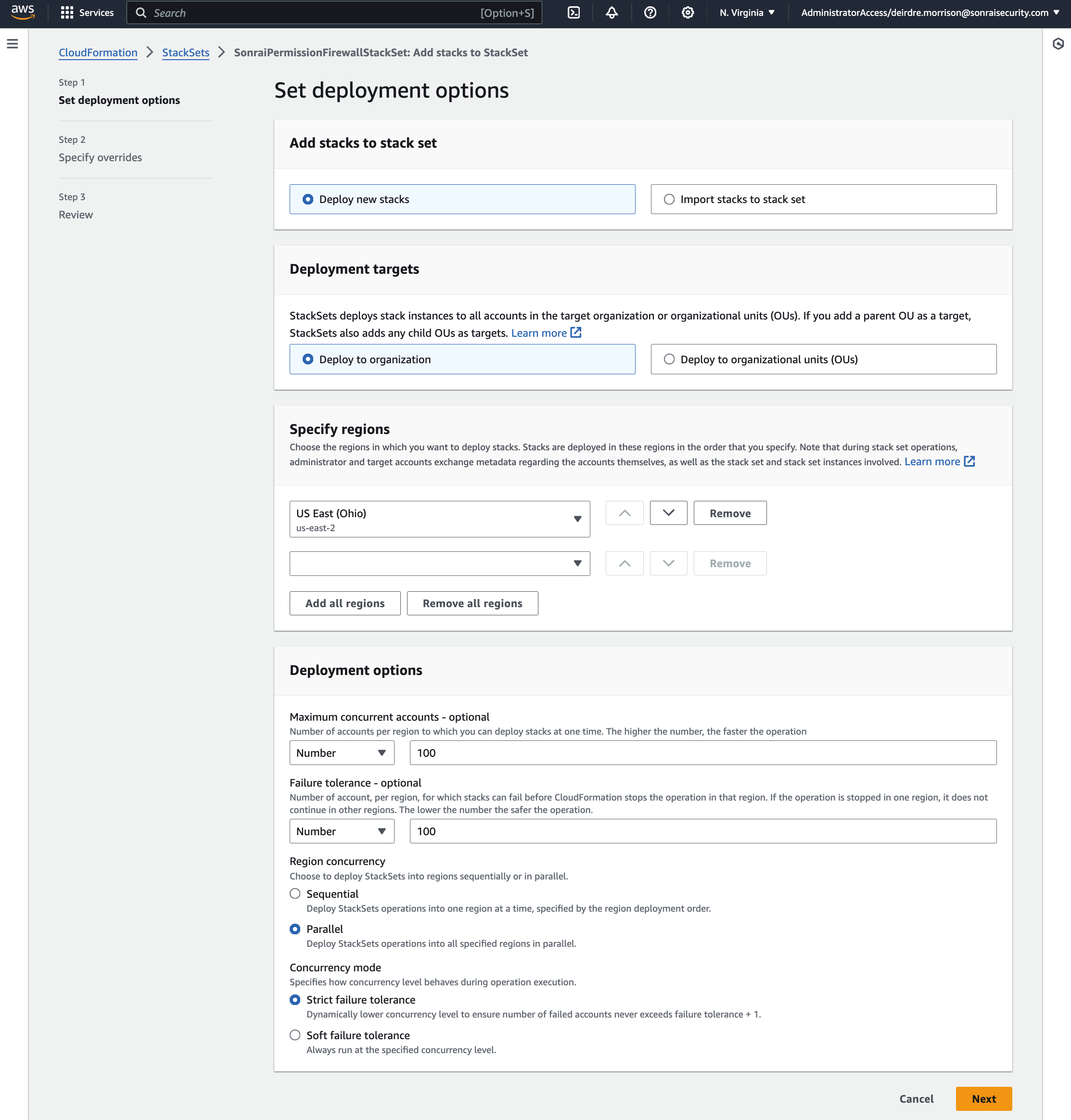 In AWS Console Step 1, 'Set deployment options', a region of your choice is selected and the 'Deployment options' are set.