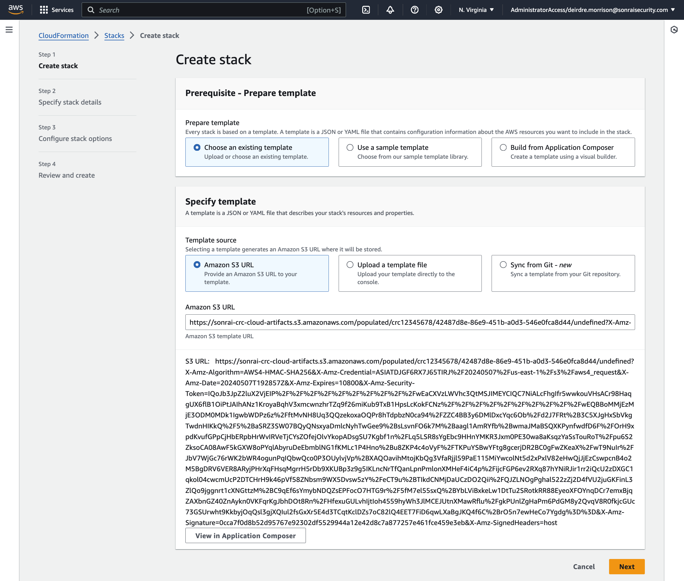 The CloudFormation template step 1, 'Create stack', with the 'Template is ready' and 'Amazon S3 URL' toggles pre-checked and the S3 URL field prefilled for you.