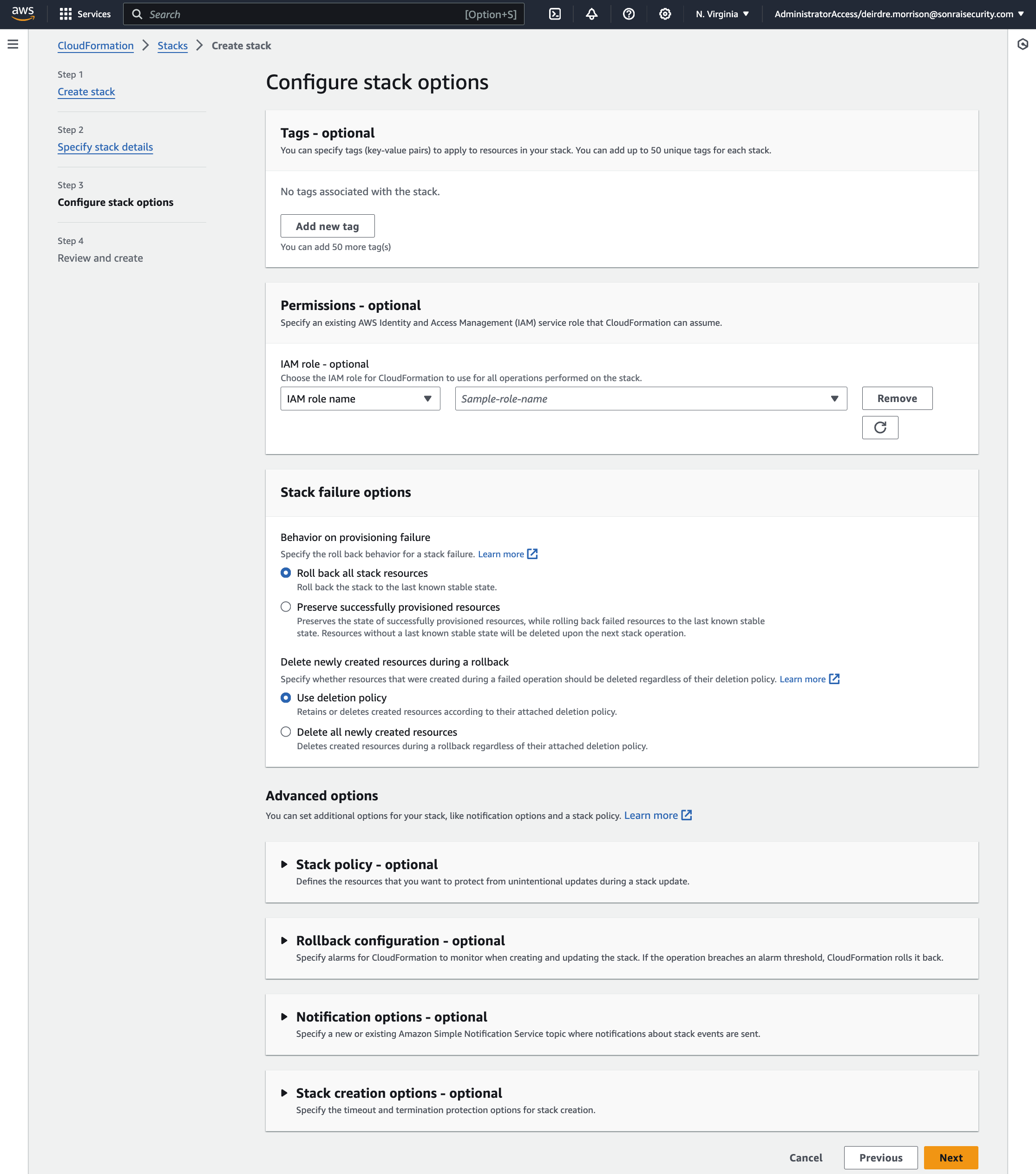 The CloudFormation template step 3, 'Configure stack options', where no changes to the default values are required before clicking the next button.