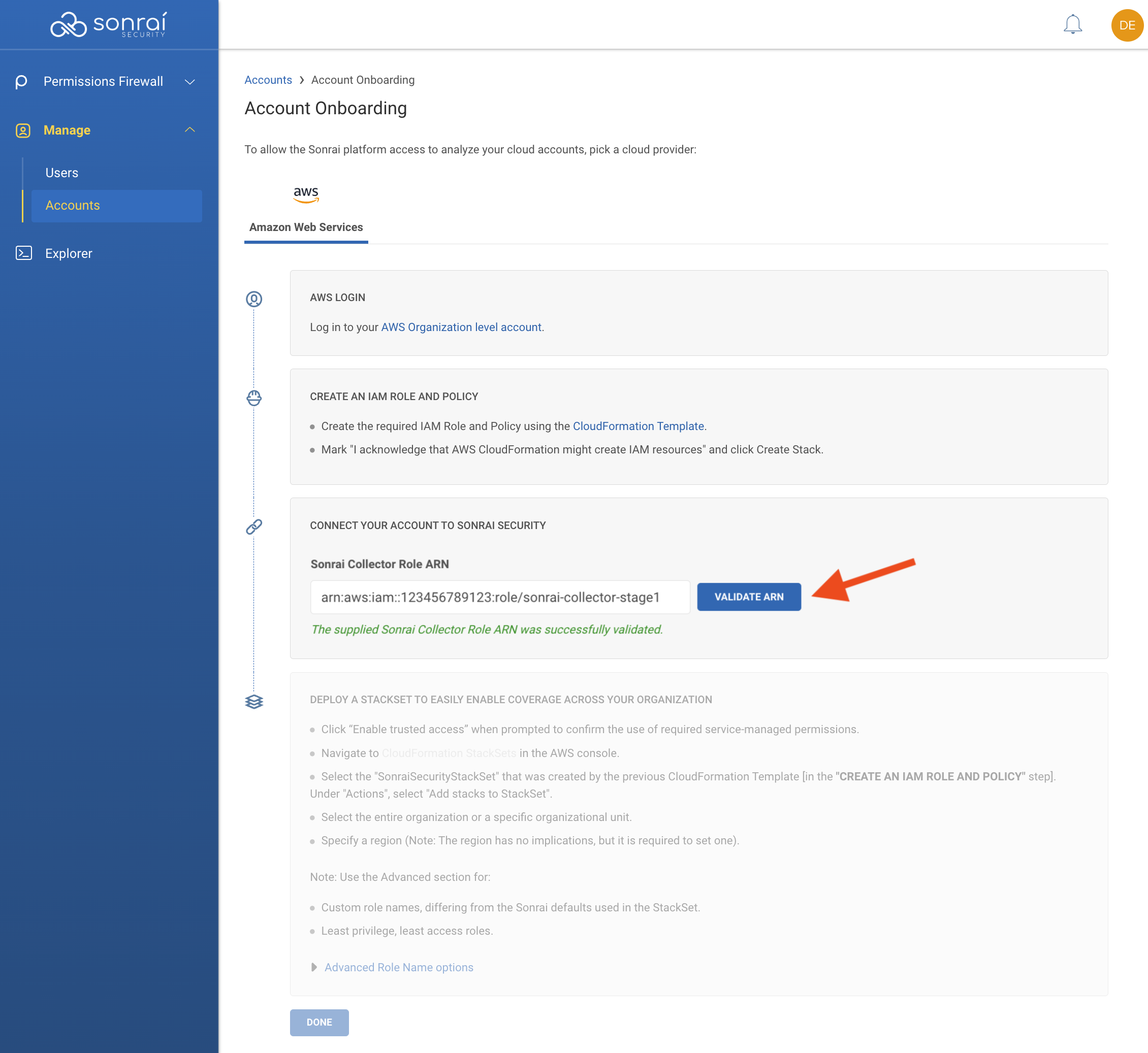 The Sonrai onboarding wizard, 'Connect Your Account to Sonrai Security' step > 'Sonrai Collector Role ARN' field where you can paste in your previously copied value then click the 'Validate ARN' button.