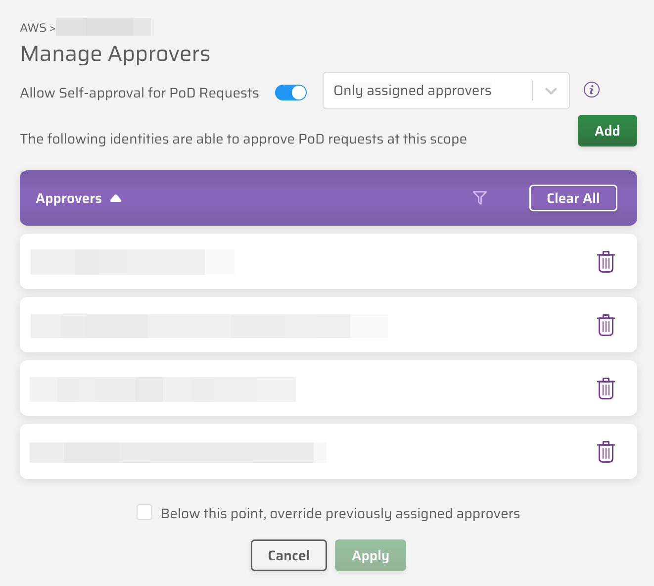 The Manage Approvers modal, showing the approver list for the selected scope and the toggle to allow self-approval for PoD Requests.