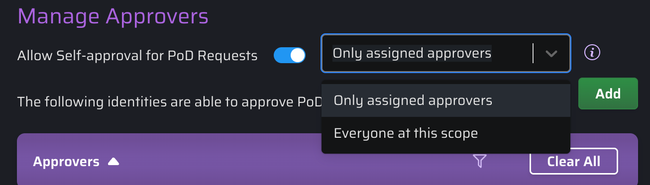 The self-approval dropdown in the Manage Approvers modal, showing 'Only Assigned Approvers' and 'Everyone at this Scope' as available modes.