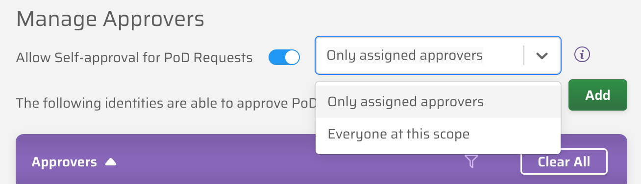 The self-approval dropdown in the Manage Approvers modal, showing 'Only Assigned Approvers' and 'Everyone at this Scope' as available modes.