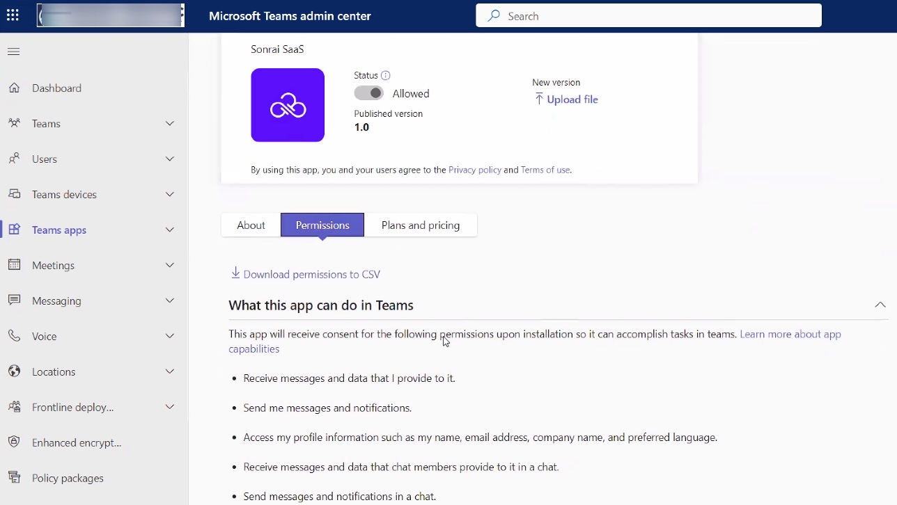 A view of the Microsoft Teams Admin center, highlighting the Permissions section and showing the Status toggle set to Allowed for the Sonrai App.