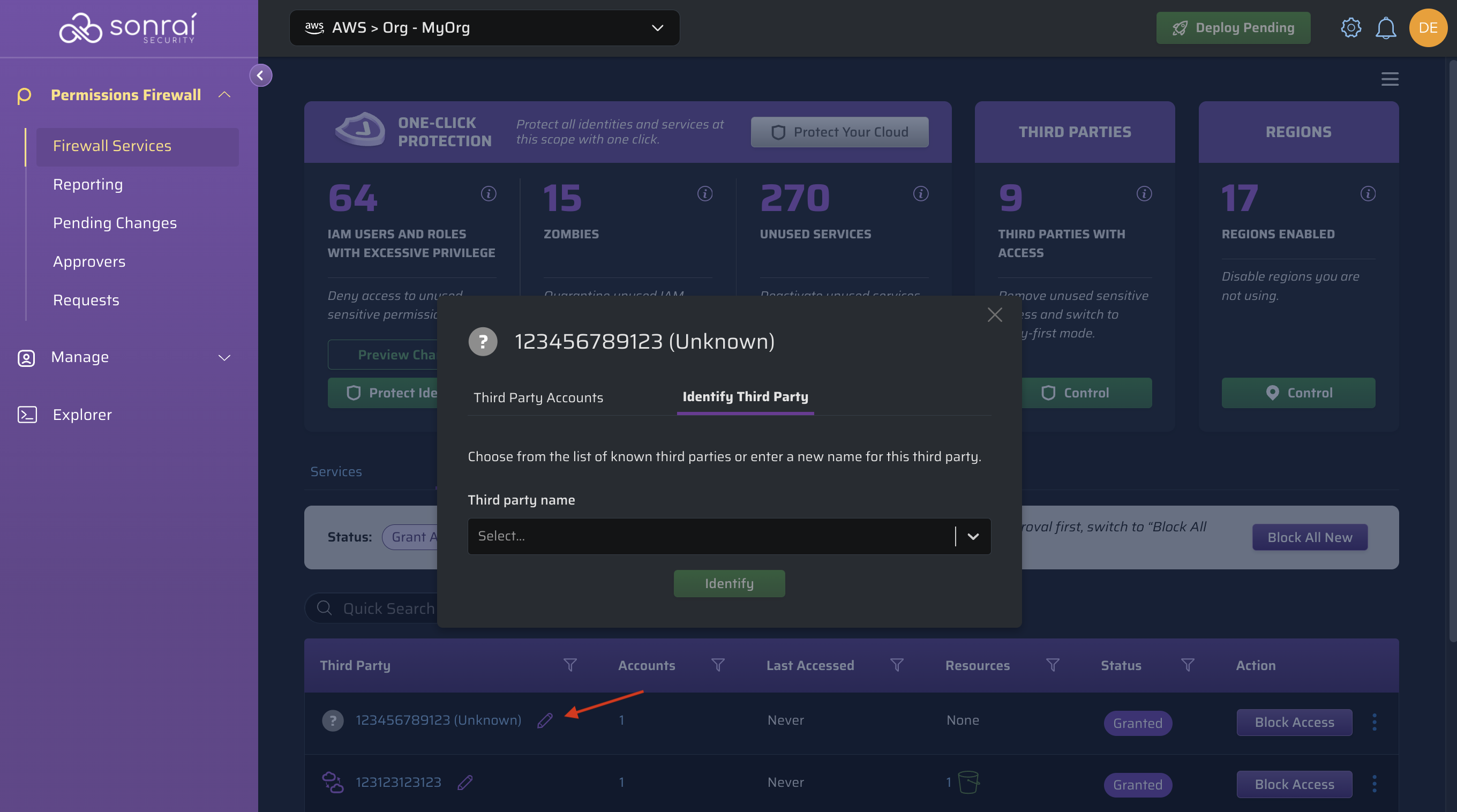 Screenshot of the Sonrai Security Cloud Permissions Firewall interface showing the option to rename a third-party entry. The interface includes a pencil icon for editing and a text field/dropdown menu for entering a new name or selecting from Sonrai's third-party catalogue.