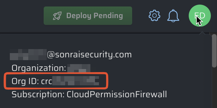 Sonrai account information panel showing the organization ID, displayed after clicking your user icon in the Sonrai application.